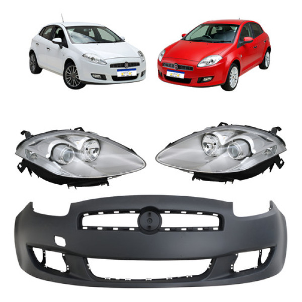 Par De Farois + Parachoque Com Furo Fiat Bravo 2011 A 2014 Preto